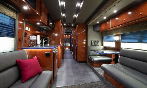 Galaxy tour bus front lounge